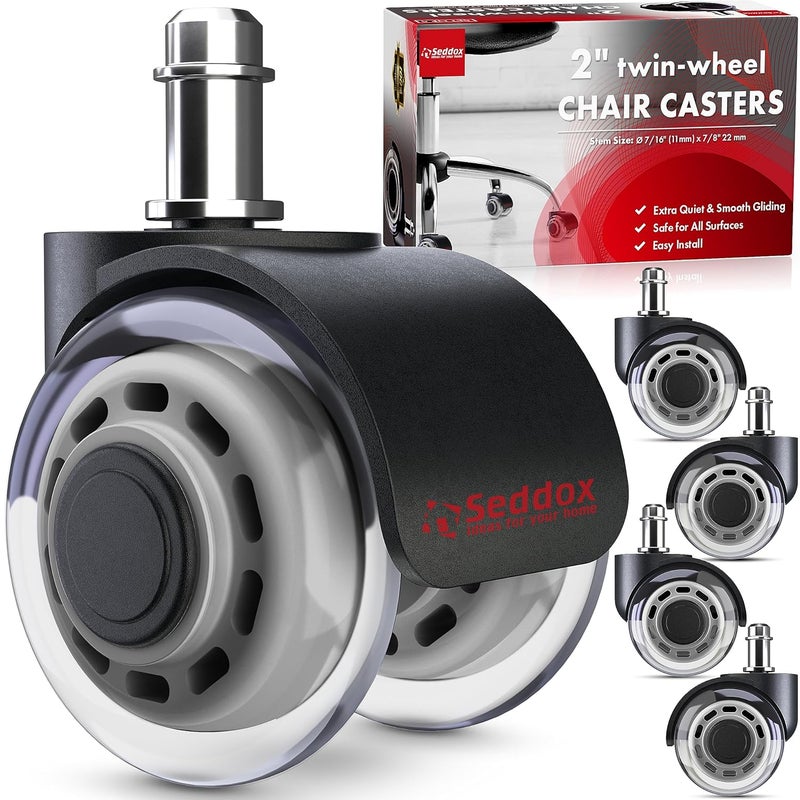 Seddox Office Chair Wheels Replacement Set of 5 - Dual 2 Inch Soft Chair Casters for Hardwood Vinyl Tile - Heavy Duty & Safe for All Floors - Fits 98% of Computer Gaming & Office Chairs - Grey - Image 1